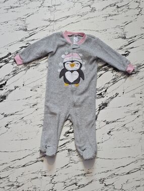 George Grey and Pink Penguin Fleece Footed Pajamas